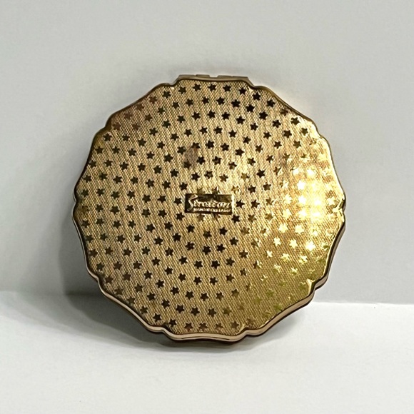 1950s VTG Stratton England Compact Mirror w/ Peacock + Flowers on Black Enamel - Picture 10 of 14